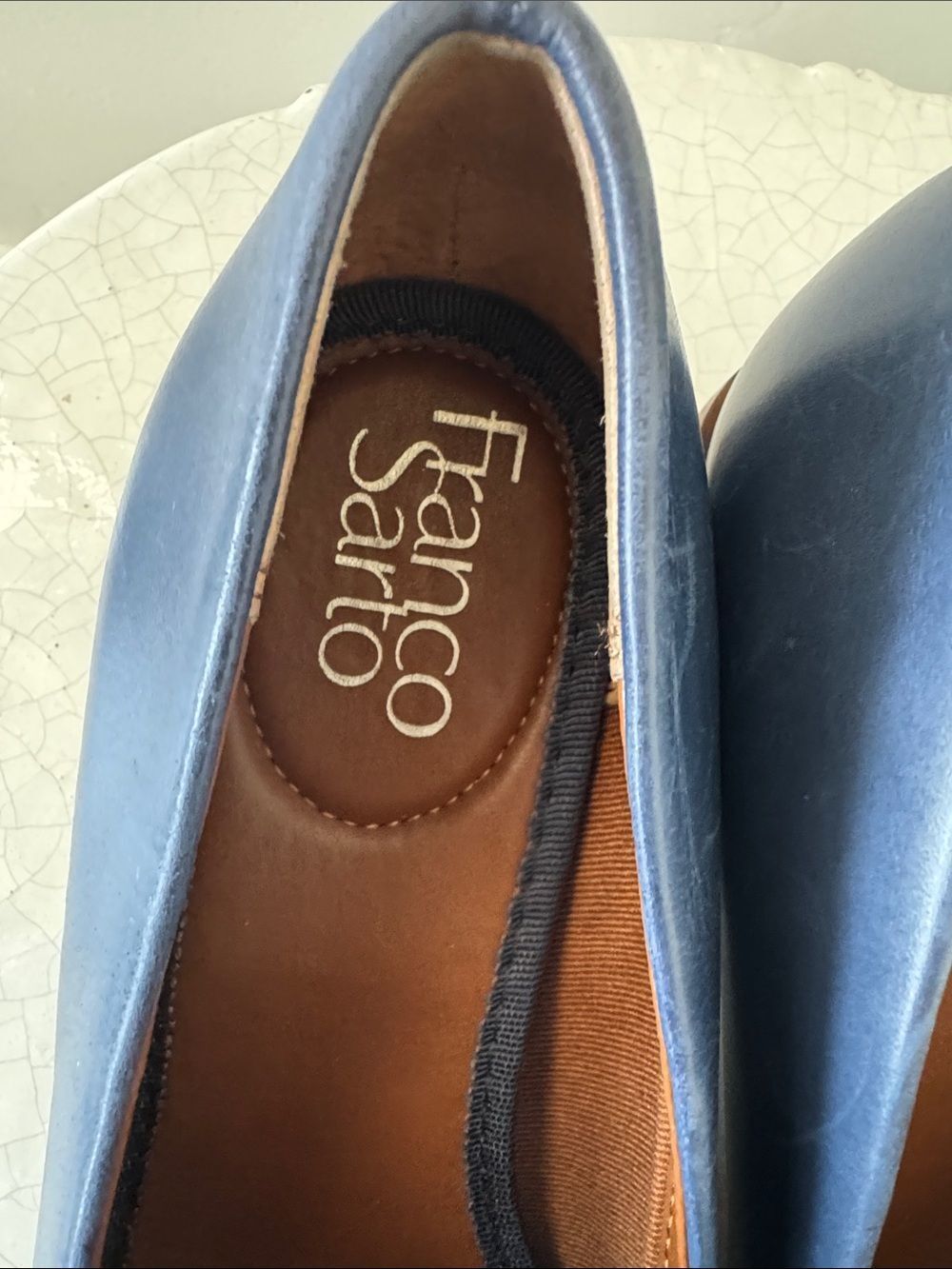 Franco Sarto Blue Leather Slip-On Loafers Block Heel Silver Accents Women’s Sz 8 - Picture 11 of 12